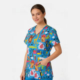 Women's V-Neck Scrub Blue Zoo Animal