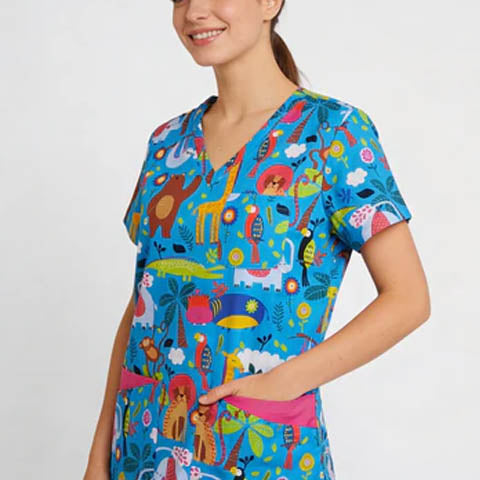 Women's V-Neck Scrub Blue Zoo Animal