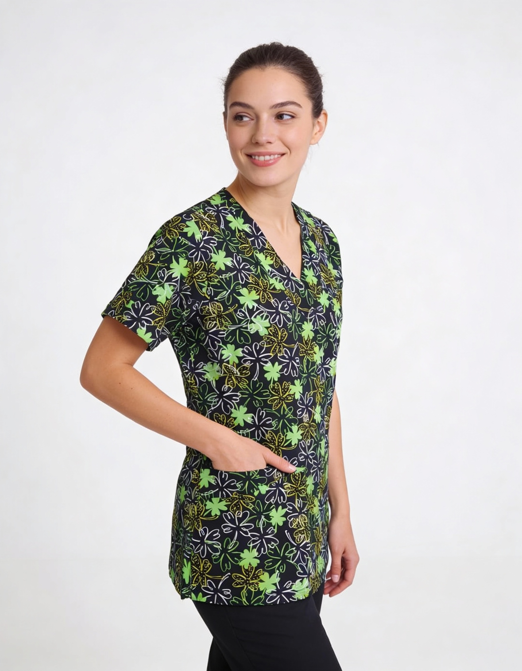 Women's V-Neck Scrub Green & Black